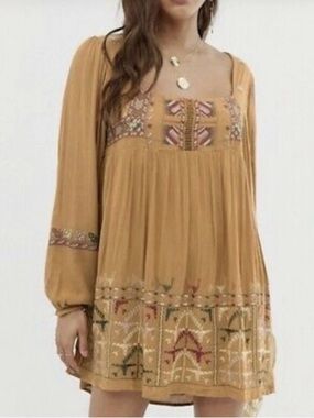 UGC FREE PEOPLE Mustard yellow gold Boho Rhiannon Open Back mini dress SZ XS